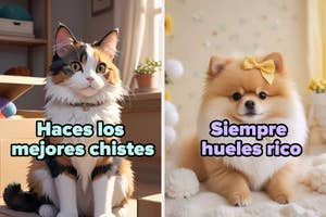 Left image: Fluffy cat with text "Haces los mejores chistes." Right image: Pomeranian with bow and text "Siempre hueles rico."
