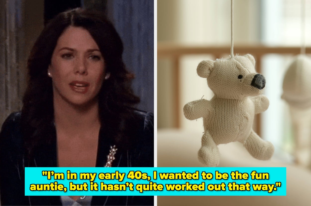 A woman is speaking on the left. On the right, a knitted bear mobile hangs. Caption: "I'm in my early 40s, I wanted to be the fun Auntie..."