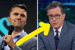 Split image with two men. Left: Man in suit speaking into a microphone. Right: Man in suit and glasses on TV. Large arrow pointing from left to right