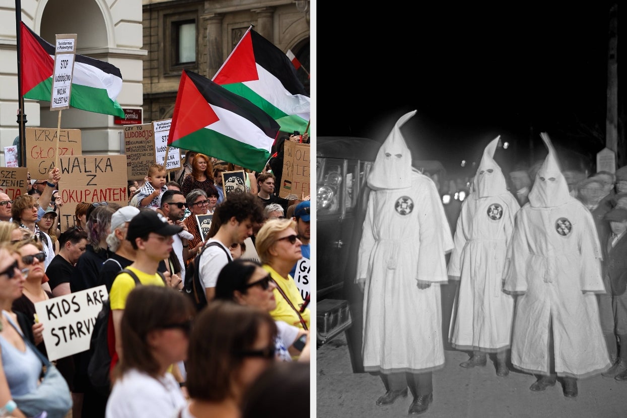 Protest with Palestinian flags on left; historical black-and-white image of people in KKK robes on right
