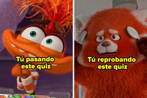 A la izquierda, personaje animado sonríe; a la derecha, panda rojo con expresión triste. Texto humorístico: "Tú pasando/reprobando este quiz"
