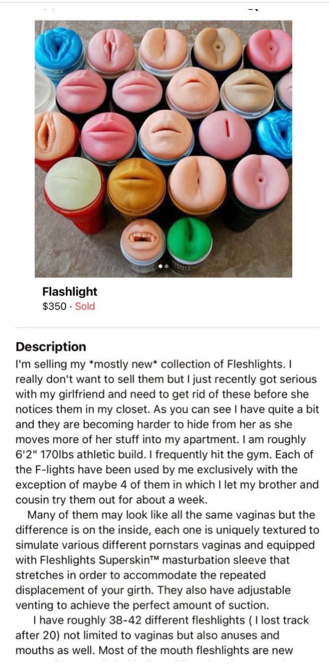 Image contains a listing for Fleshlight products with a statement  detailing their information  and usage