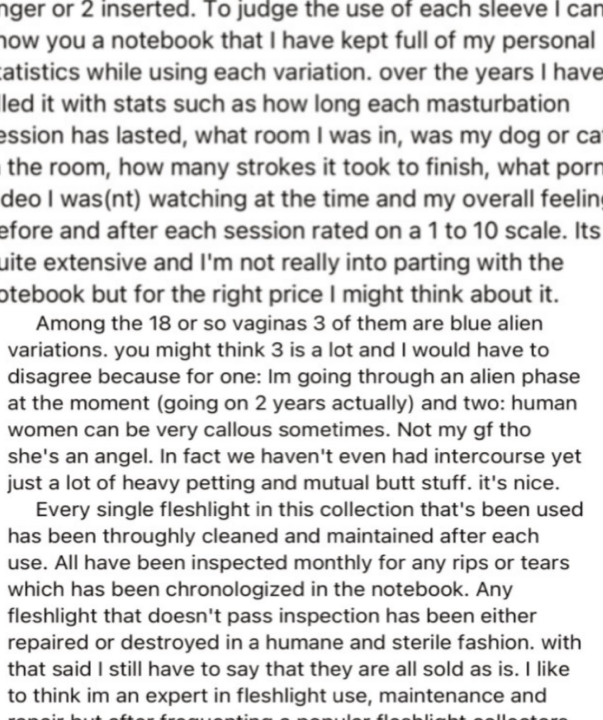 Summary of a idiosyncratic   relationship  detailing experiences and preferences related to rima  fleshlight products, including usage, feelings, and a income  offer