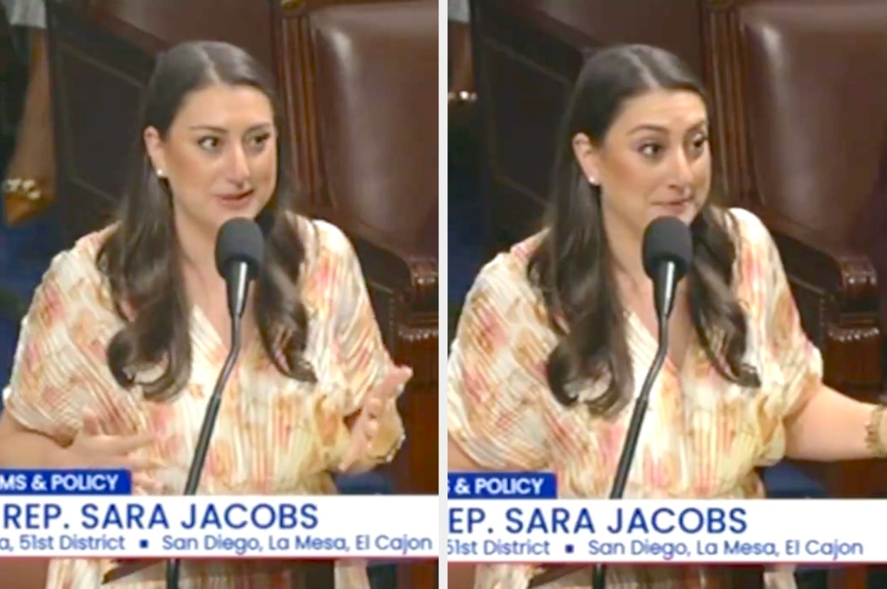 A woman speaks at a podium with captions identifying her as Rep. Sara Jacobs, 51st District, San Diego, La Mesa, El Cajon
