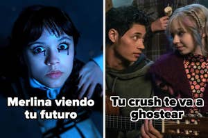 A la izquierda, niña maquillada intensamente. A la derecha, dos adolescentes mirándose; la imagen dice: "Merlina viendo tu futuro" y "Tu crush te va a ghostear"