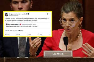 Congresswoman responds to tweet by Rep. Nancy Mace denying the concept of a "trans child." The tweet emphasizes protecting women and seeking help