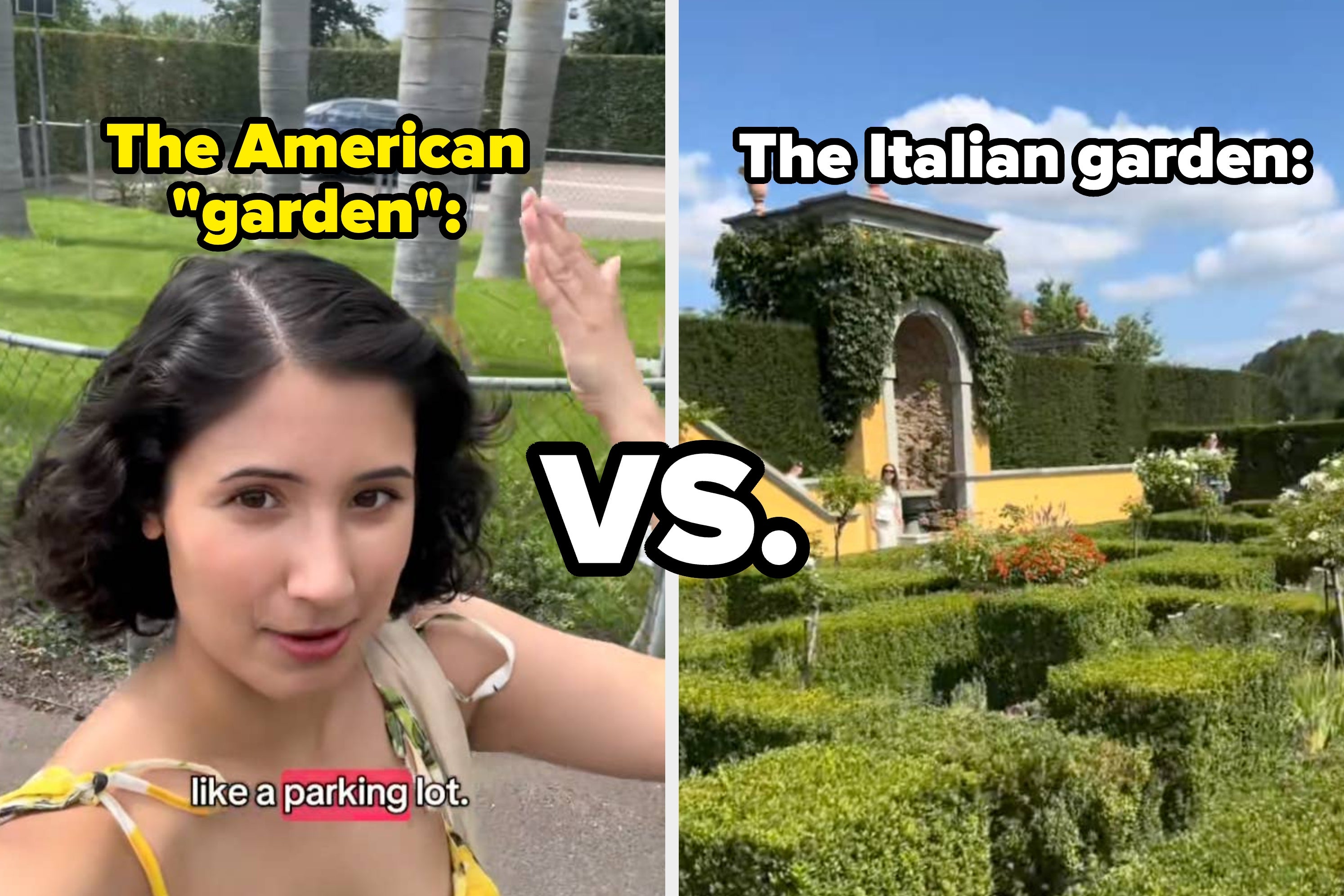 Person gestures toward a lawn next to a captioned garden, comparing it to an Italian garden with hedges and ornate design