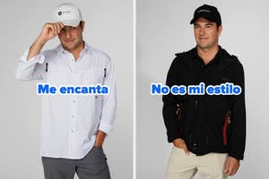 Dos fotos de una persona vistiendo ropa casual. Izquierda: camisa con texto "Me encanta". Derecha: chaqueta con texto "No es mi estilo"