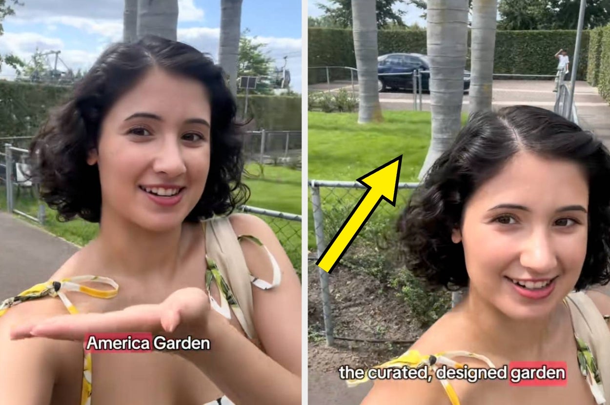 Person smiling and posing in a garden with palm trees, holding an open hand gesture. An arrow points to a landscaped area. Text: "America Garden."