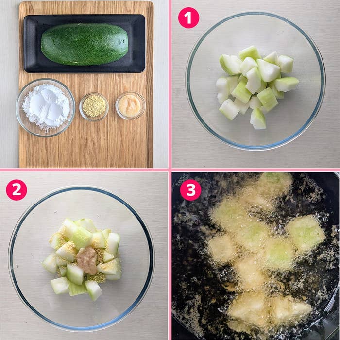 冬瓜を使った料理のステップ。1: 冬瓜を角切り、2: 調味料と混ぜる、3: 揚げる。