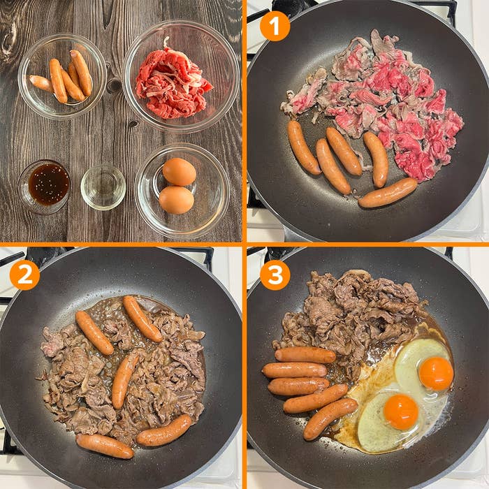 ソーセージ、薄切り牛肉、卵の調理プロセスをステップごとに示す3枚の写真。