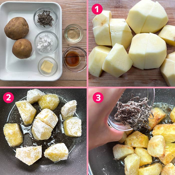 4枚の料理段階写真。1. 皮を剥いたジャガイモと調味料。2. 片栗粉をまぶしたジャガイモを揚げる。3. 揚げた後に細切り昆布を加える。