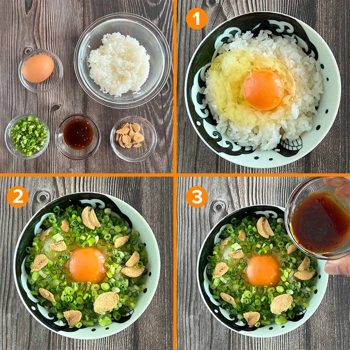 卵かけご飯の作り方:ご飯に卵をのせ、ネギとガーリックを散らし、タレをかけて完成。