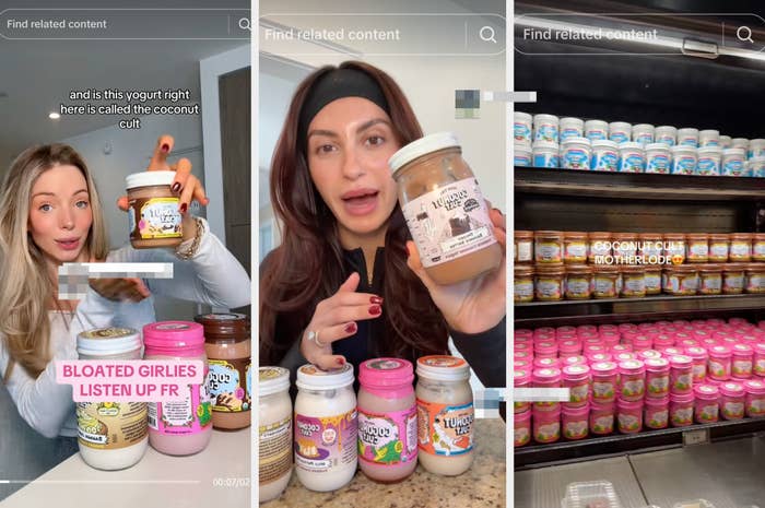 People in videos holding jars of flavored yogurt, discussing different varieties. Yogurt jars are arranged on a shelf in the third image