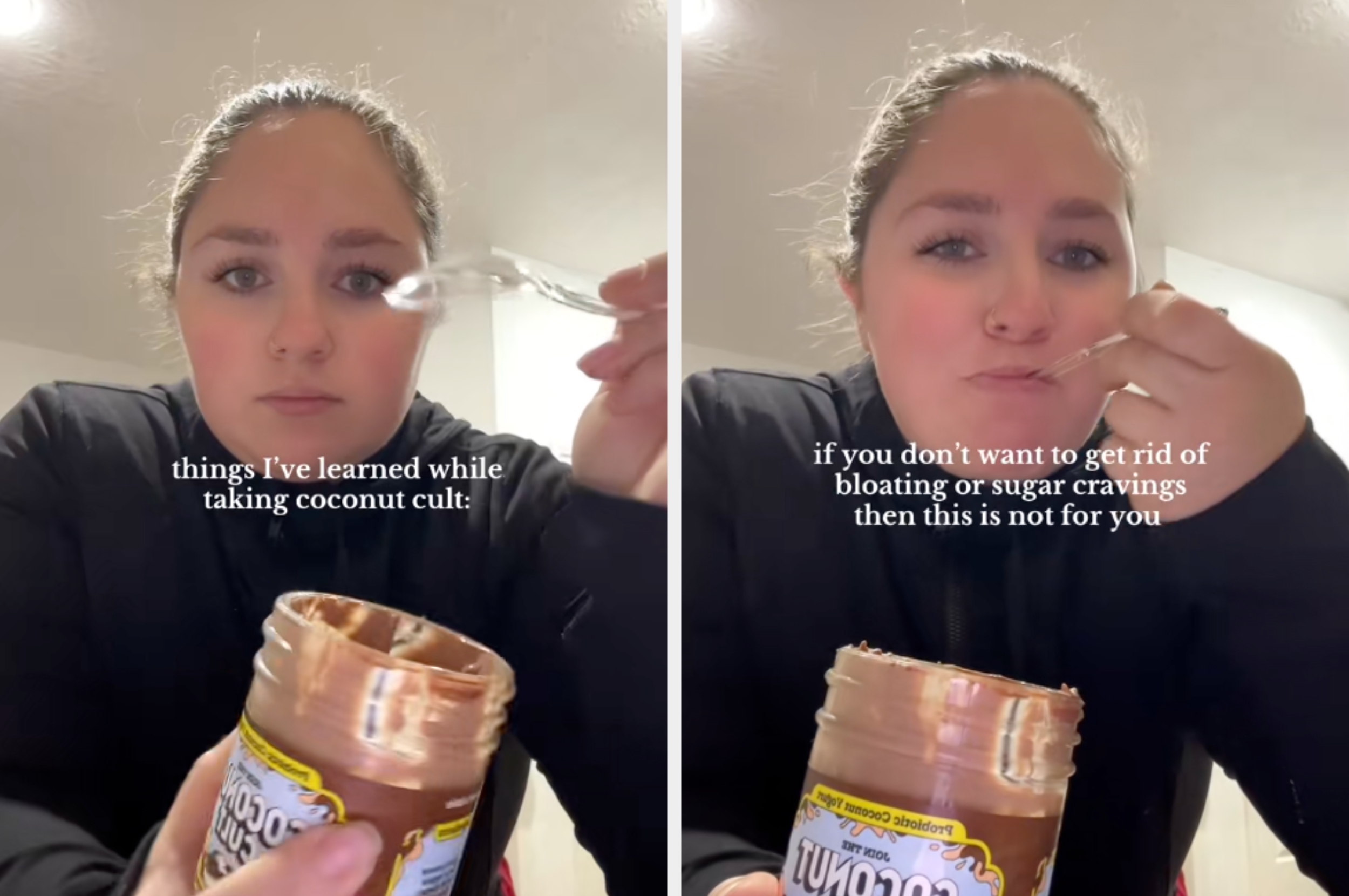 Person eating from a coconut jar with overlay text: "things I’ve learned while taking coconut cult" and "if you don’t want to get rid of bloating or sugar cravings then this is not for you."