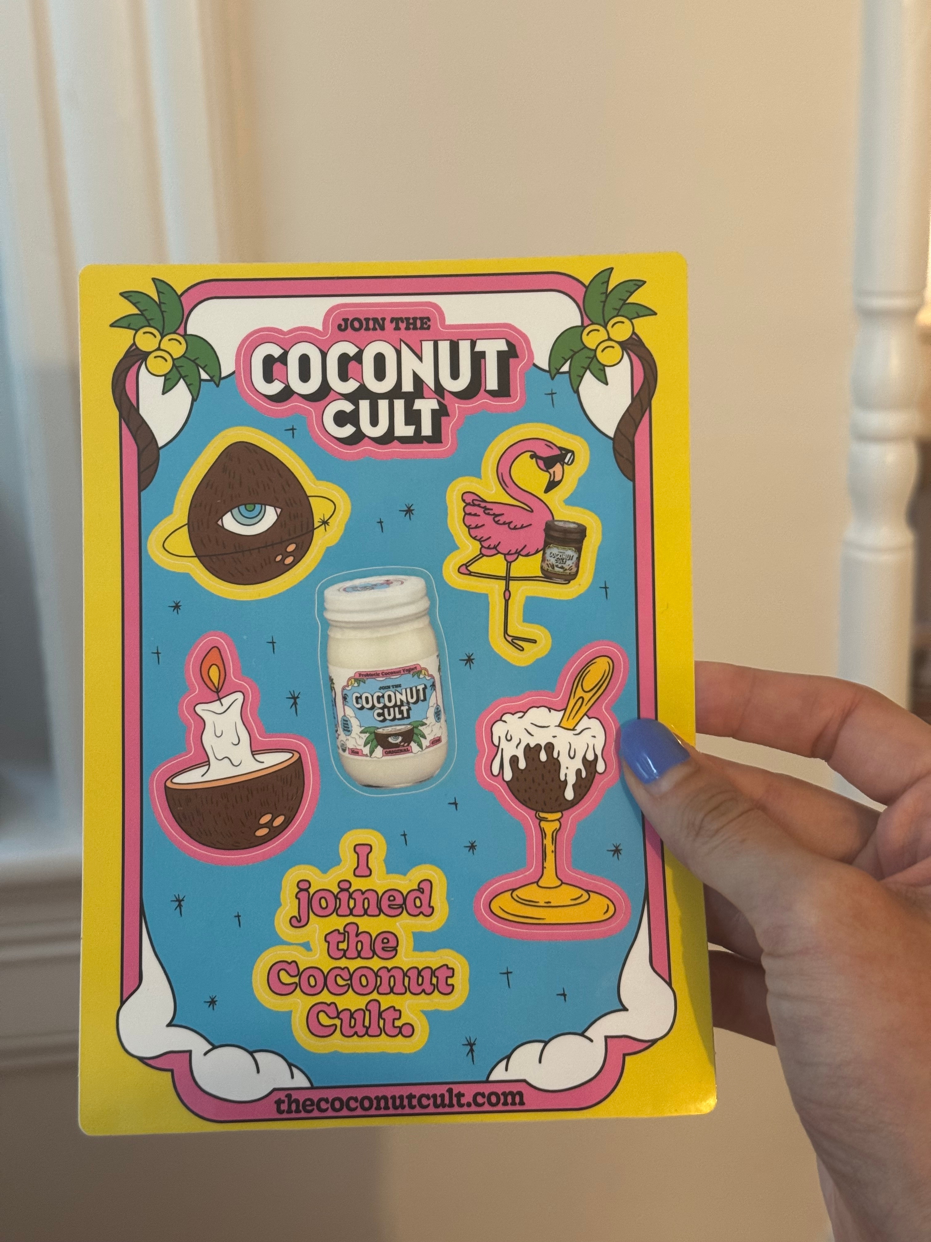Colorful Coconut Cult sticker sheet, featuring tropical icons like a coconut, flamingo, and jar of the product. Slogan: "I joined the Coconut Cult."