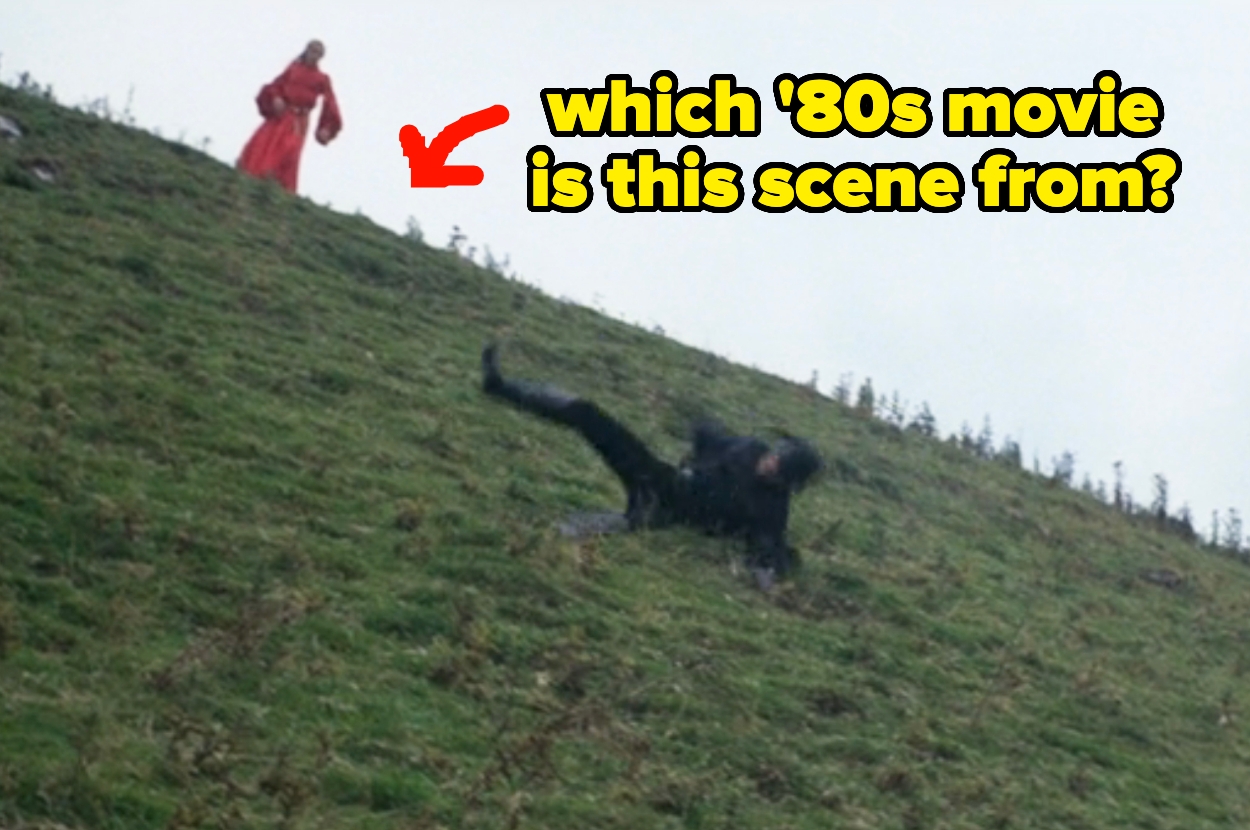 Person in a black outfit rolls down a grassy hill while another person in red watches from above; text asks about the '80s movie scene