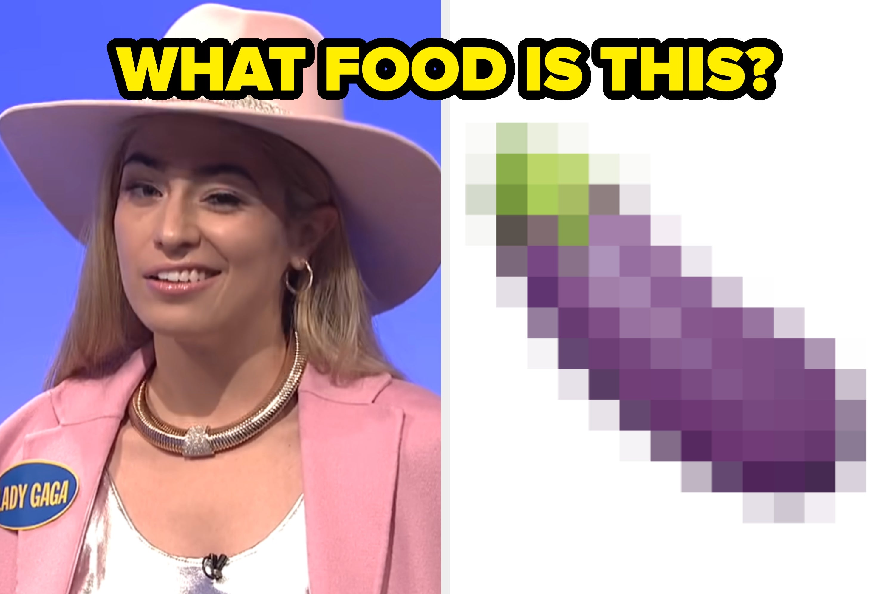 Person adjusting glasses with a skeptical look next to a pixelated strawberry. Text above asks, "What food is this?"