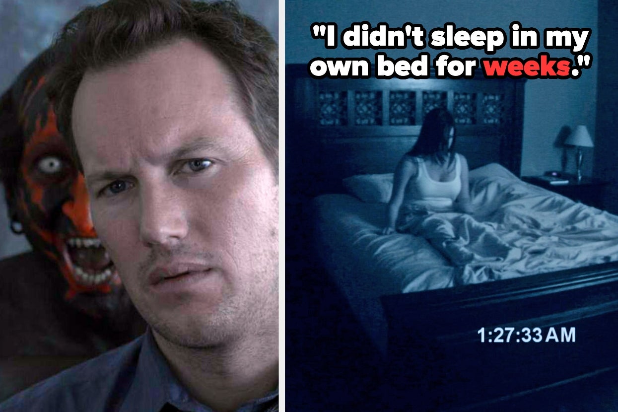 Actor in a horror movie scene with a sinister figure, alongside an eerie night vision shot of a woman in bed with the quote: "I didn't sleep in my own bed for weeks"