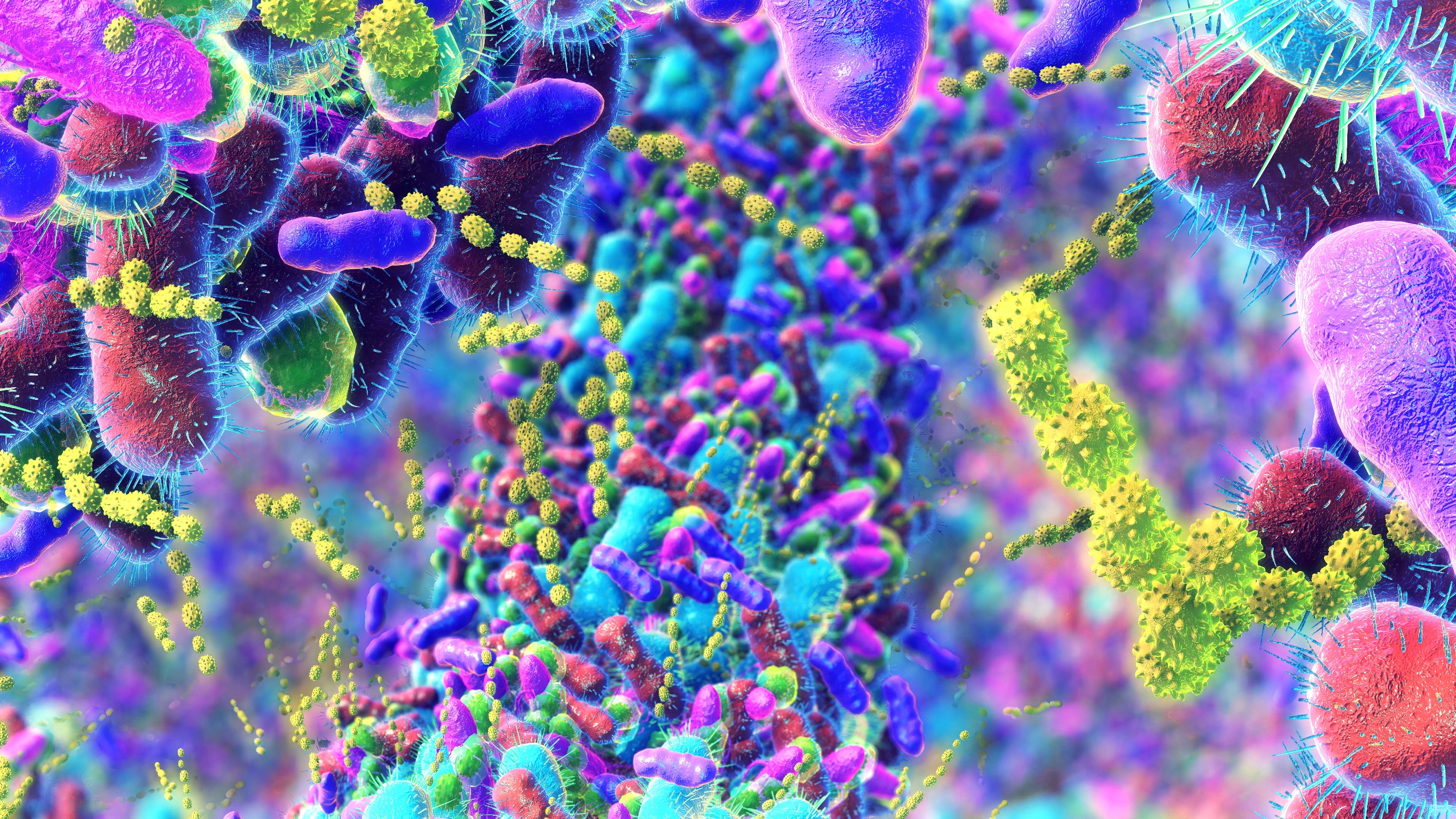 Microscopic view of colorful bacteria and microorganisms, showcasing various shapes and textures