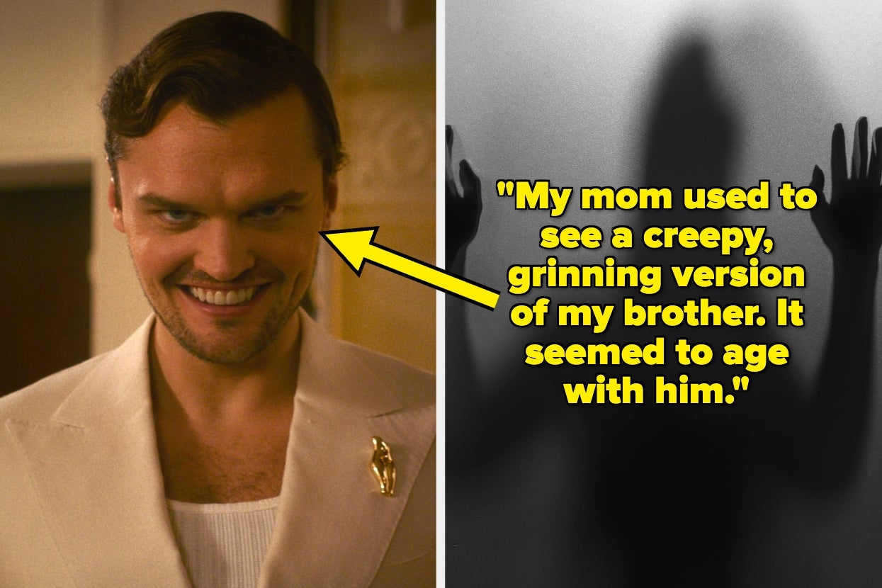 Person in vintage suit grinning; shadowy figure casts hands on frosted glass. Text reads: "My mom used to see a creepy, grinning version of my brother"