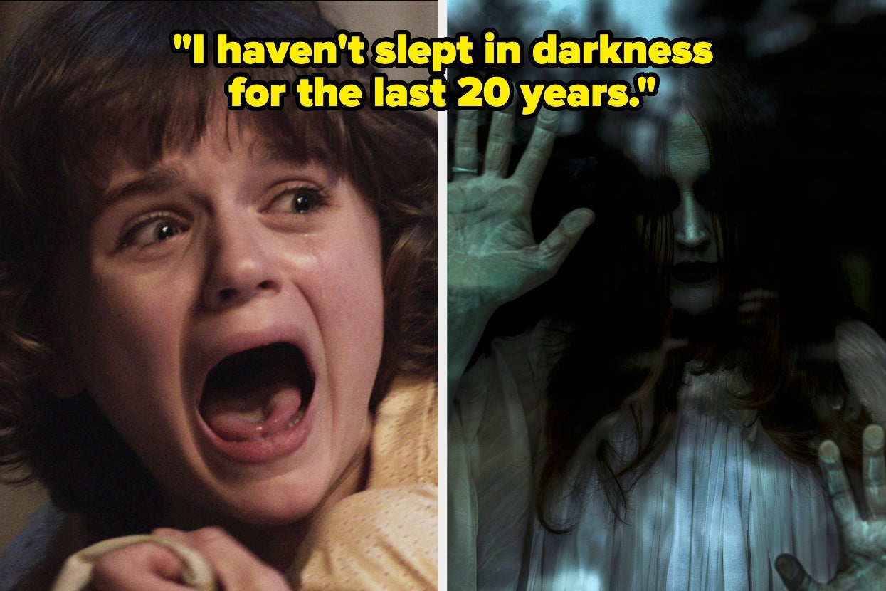 Split image: Left shows a scared child with open mouth; right shows a ghostly figure pressing against glass. Text reads, "I haven't slept in darkness for the last 20 years