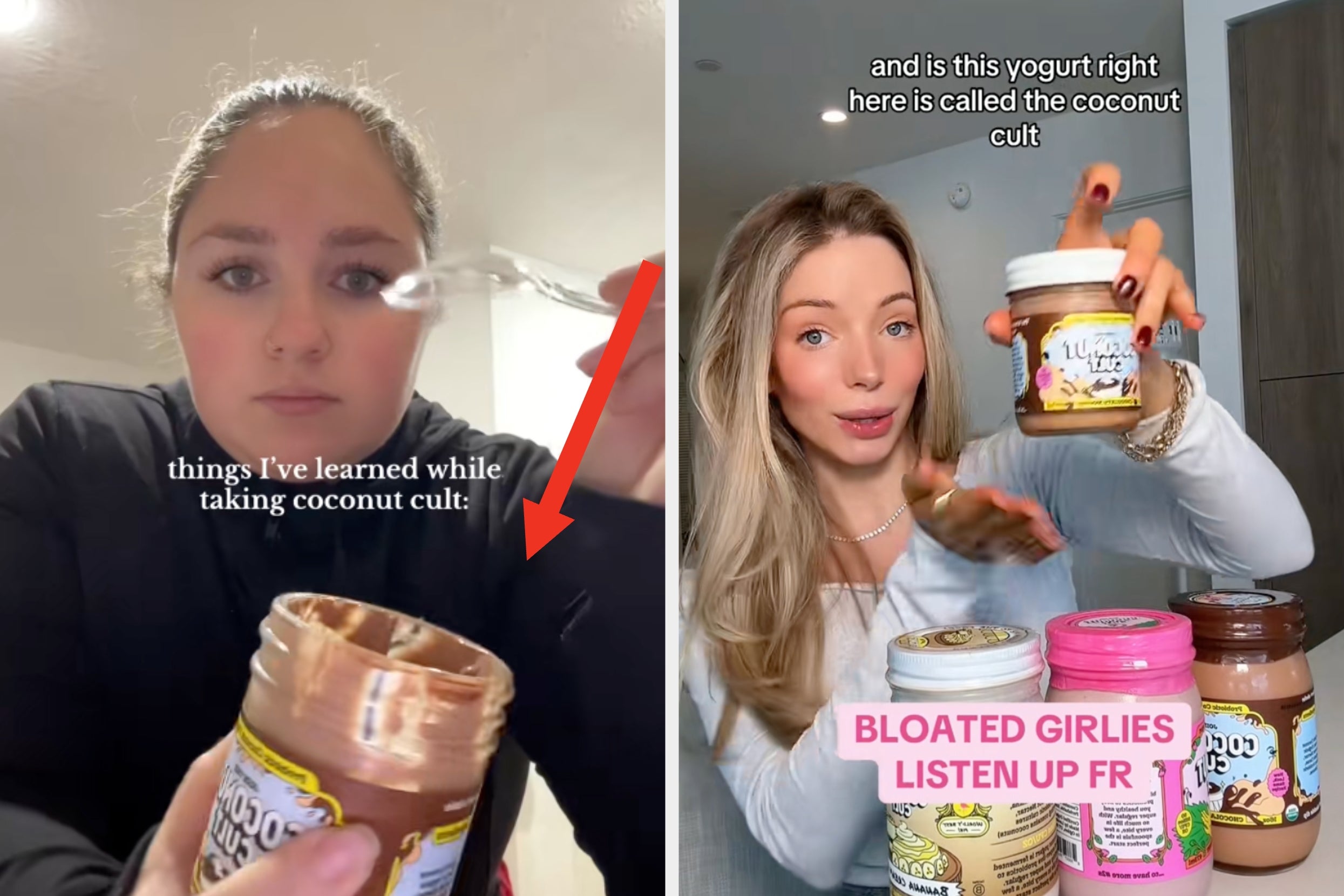 Two women discussing a product called Coconut Cult yogurt. Text highlights personal benefits and recommendations for digestive health