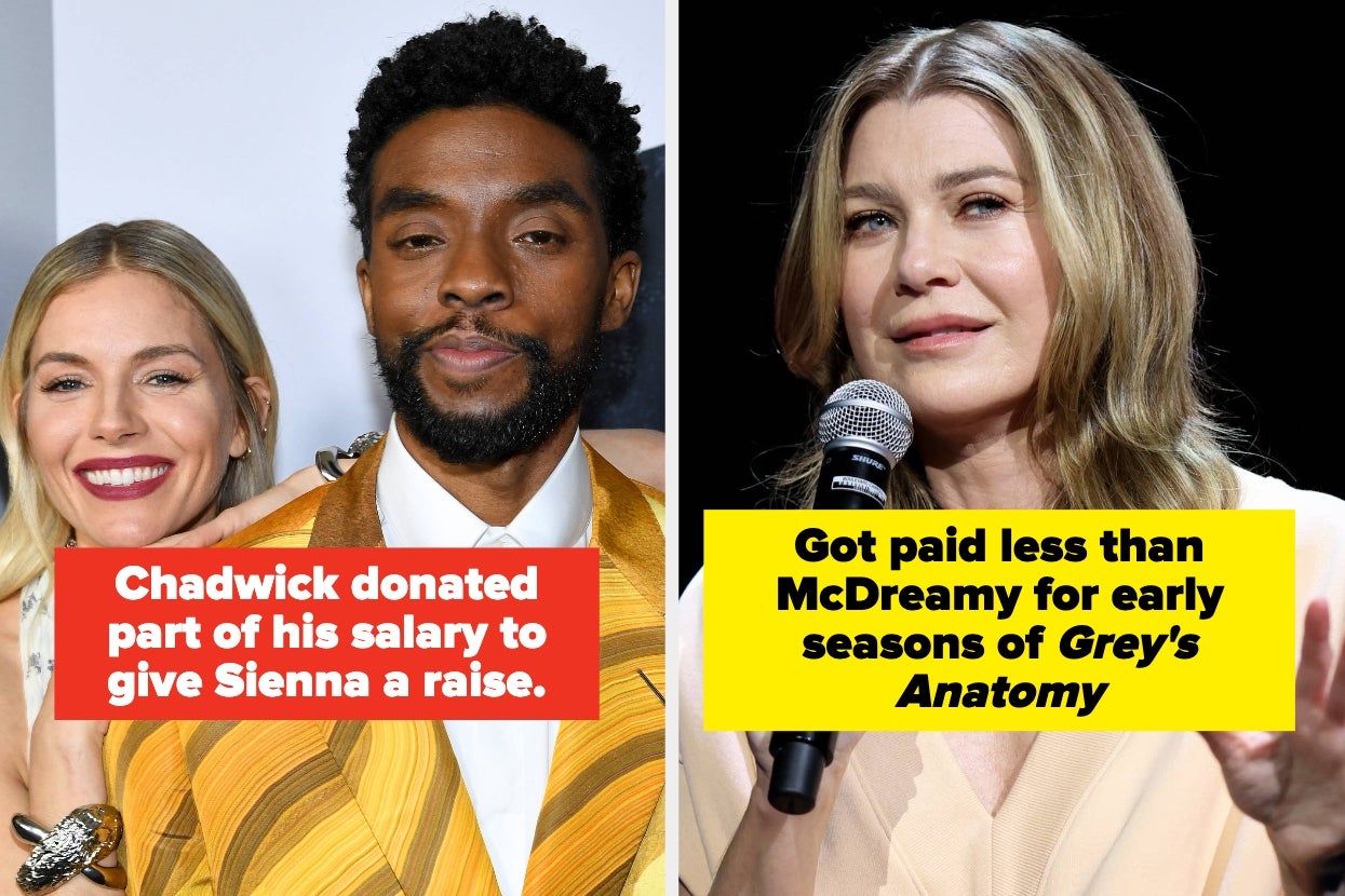 Two images: Left, man in striped suit and woman smiling; text about salary donation. Right, woman speaking, text about unequal pay on TV show