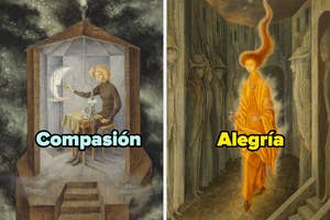 Two surreal paintings: Left shows a person in a chamber with "Compasión" text; right features a glowing figure walking past shadowy figures with "Alegría" text