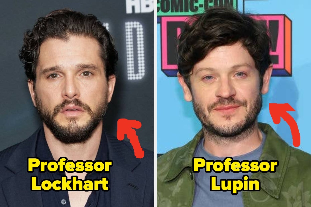 Two men with facial hair are labeled as "Professor Lockhart" and "Professor Lupin" with red arrows pointing at them