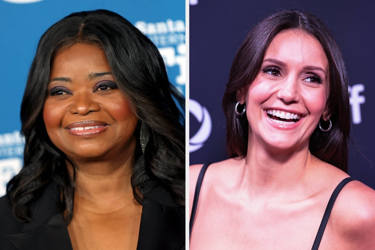 Two women smiling at separate events; one in formal attire with wavy hair, the other in a sleeveless dress with hoop earrings