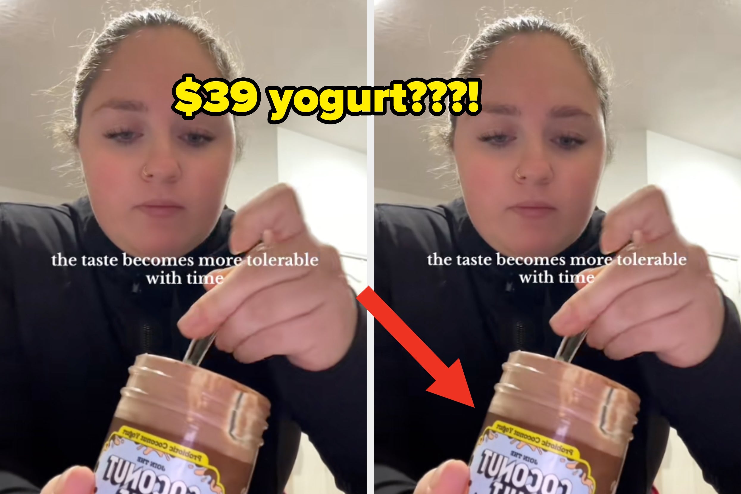Person tasting a $39 yogurt, described as becoming "more tolerable with time," with humorous question about the price shown above
