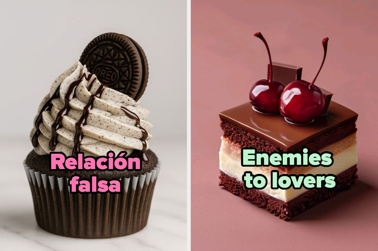 Cupcake labeled "Relación falsa" and chocolate cherry cake labeled "Enemies to lovers" represent relationship tropes humorously