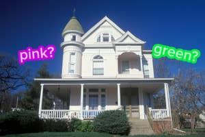 Victorian-style house with a tower, surrounded by trees. The words "pink?" and "green?" are overlaid on the image