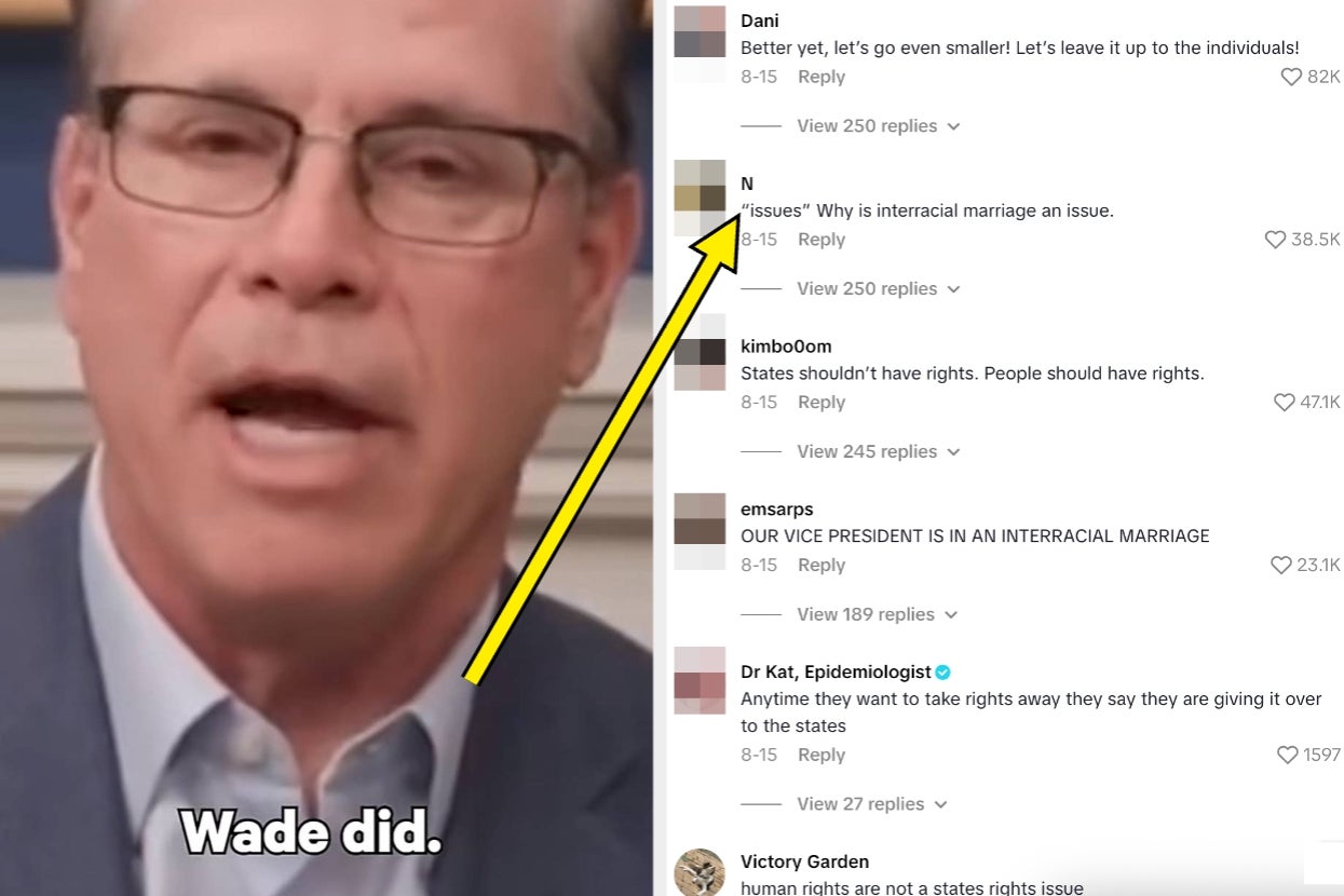 A man in glasses and a suit is near a screenshot of a social media comment about interracial marriage, highlighted with a yellow arrow