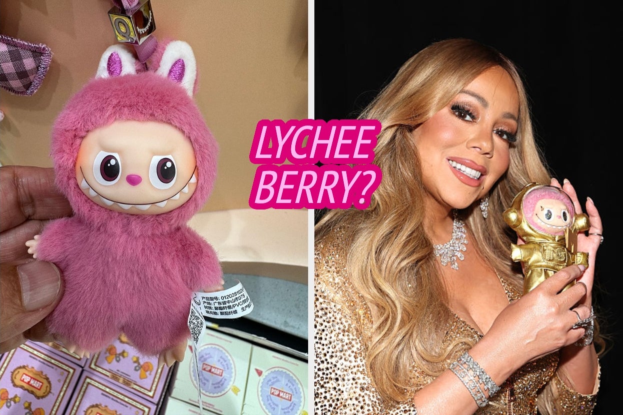 A plush toy with a big smile on the left. On the right, a smiling woman holds a golden version of the toy. Text reads: "Lychee berry?"
