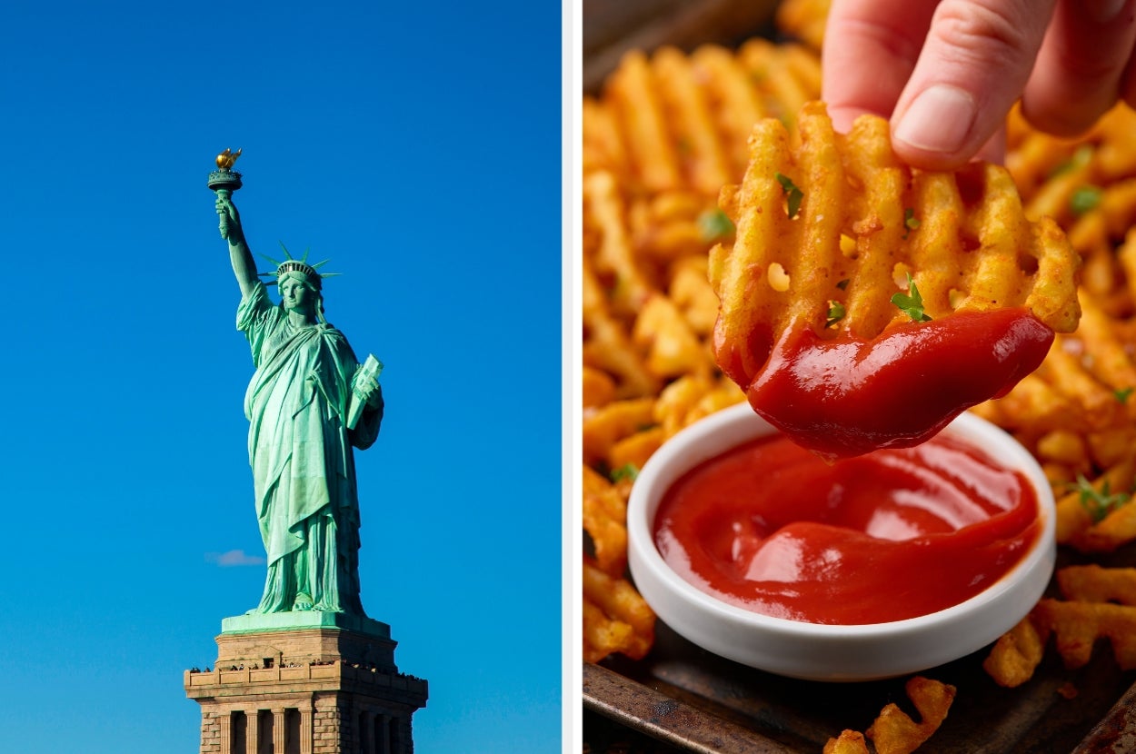 Left: Statue of Liberty on a clear day. Right: Hand dipping waffle fry in ketchup