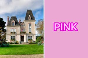 A château with turrets and a lush garden is on the left; the word "PINK" on a solid background is on the right