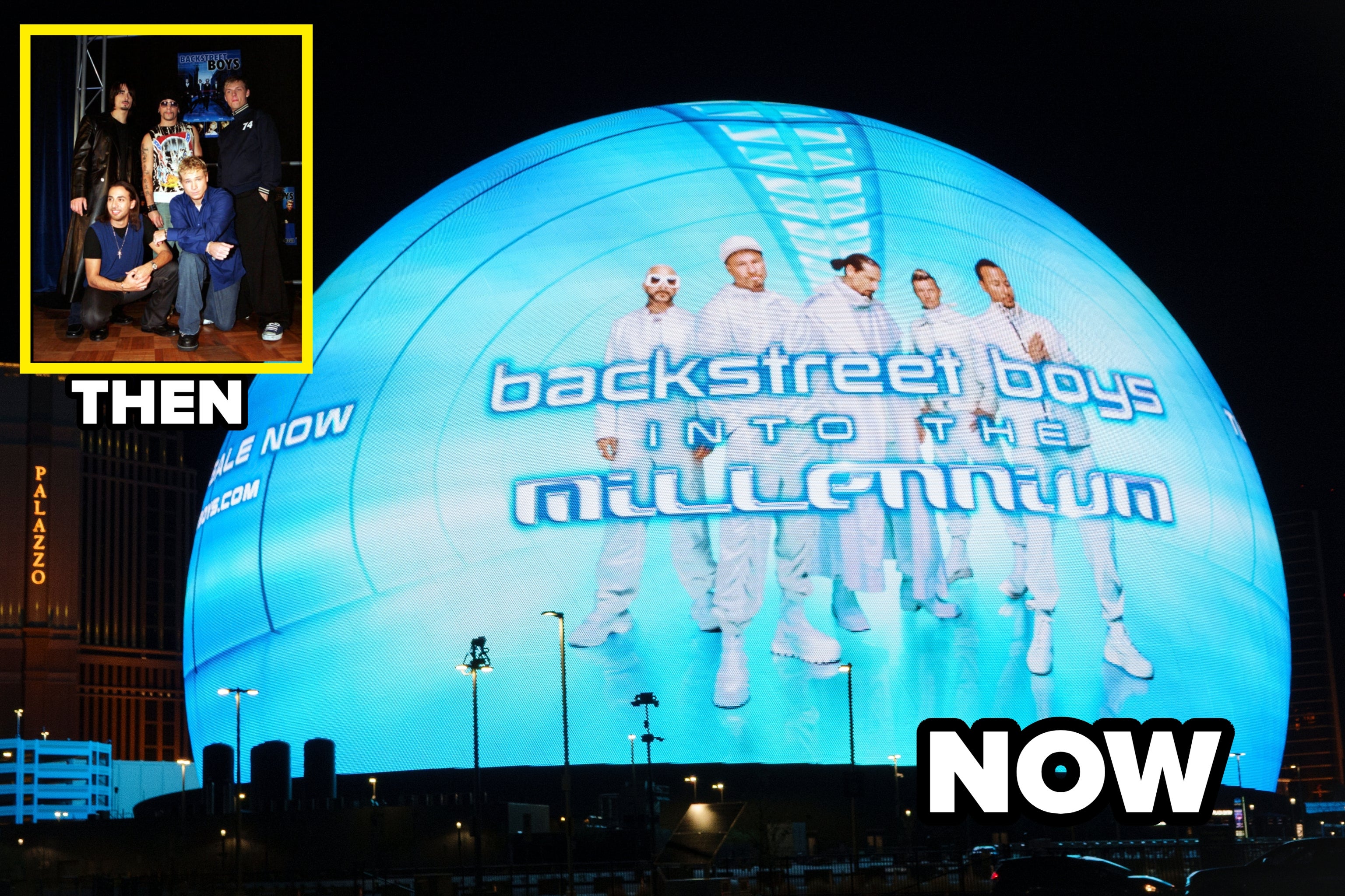 Backstreet Boys' "Into the Millennium" image displayed on a large spherical structure at night, featuring the band members