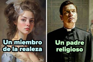 Retrato de una mujer de la realeza con sombrero. Hombre en sotana negra mirando hacia arriba. Texto: "Un miembro de la realeza" y "Un padre religioso"