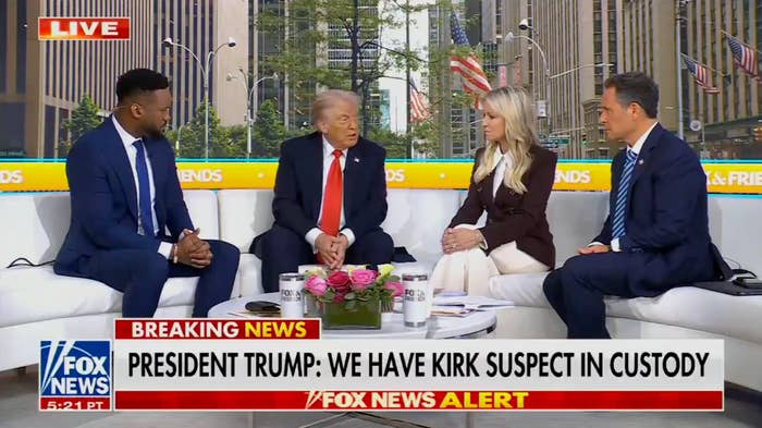 Four quality anchors connected a greeting TV amusement acceptable are discussing a breaking quality communicative with a header astir a fishy successful custody