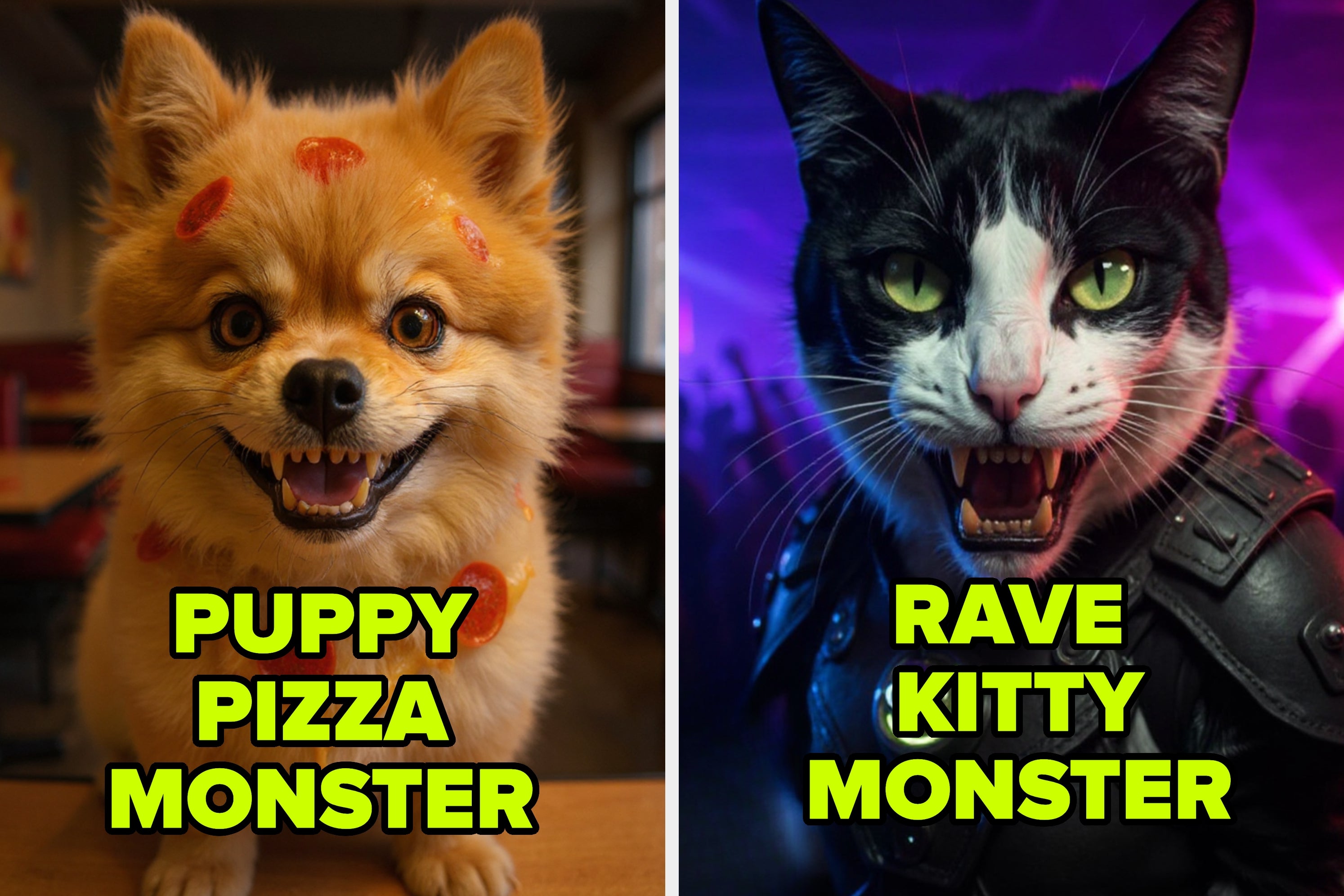 A fluffy dog with pizza motifs is labeled "Puppy Pizza Monster." A creature with blue fur and glowing eyes is labeled "Kim K Cookie Monster."