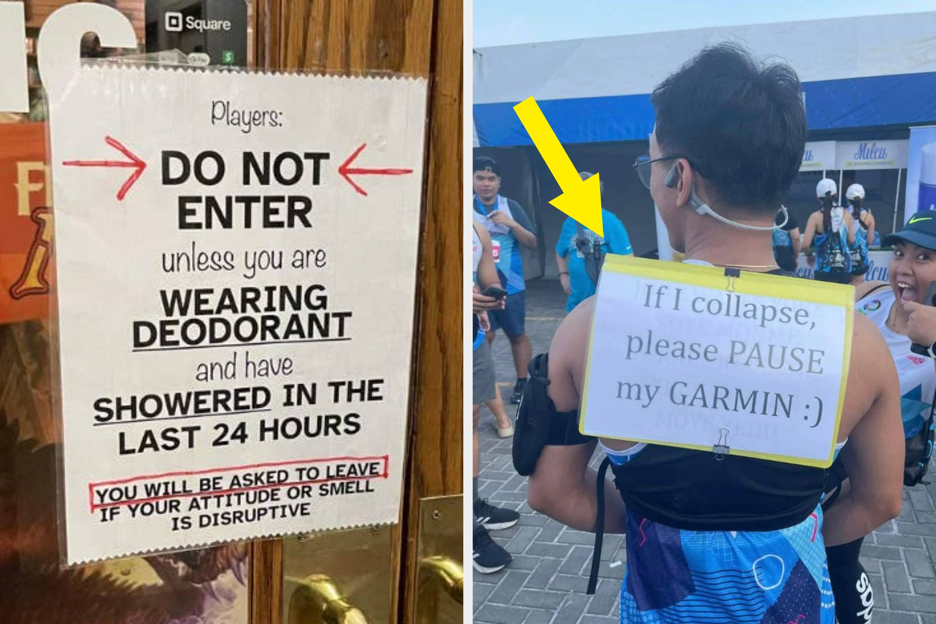 Sign advises players to wear deodorant and shower; adjacent image shows a woman looking frustrated with text "just don't drink it."