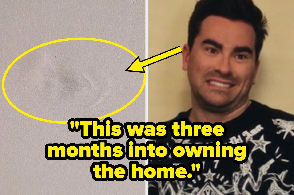 A person makes an awkward face next to a photo of a wall with a dent, captioned, "This was three months into owning the home."