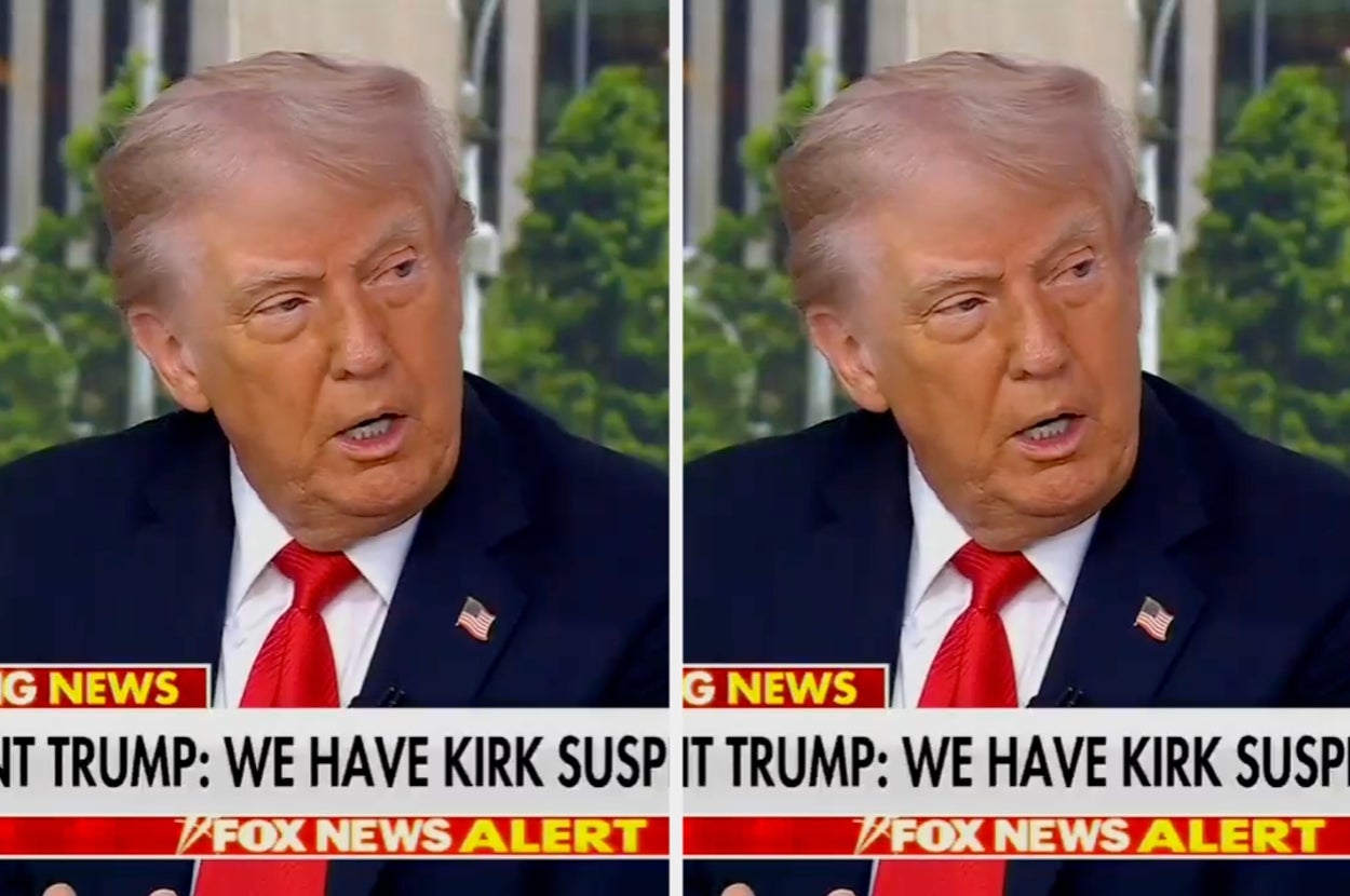 Split image showing a TV news broadcast with a speaker wearing a suit and red tie, with breaking news text: "TRUMP: WE HAVE KIRK SUSP..."