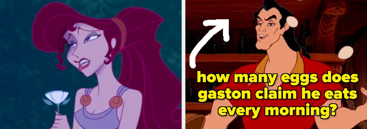 Meg from Hercules and Gaston from Beauty and the Beast. Text asks, "how many eggs does Gaston claim he eats every morning?"