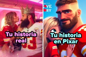 Dos imágenes lado a lado: izquierda, pareja con corona; derecha, versión animada estilo Pixar. Texto: "Tu historia real / Tu historia en Pixar"