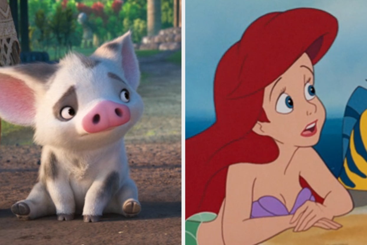 A cute animated pig sits attentively next to Ariel, the mermaid, engaging with a friend