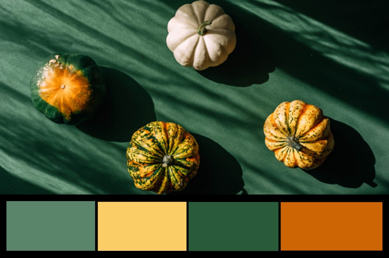 Four gourds on a green surface with shadows and a color palette below featuring green, yellow, and orange tones