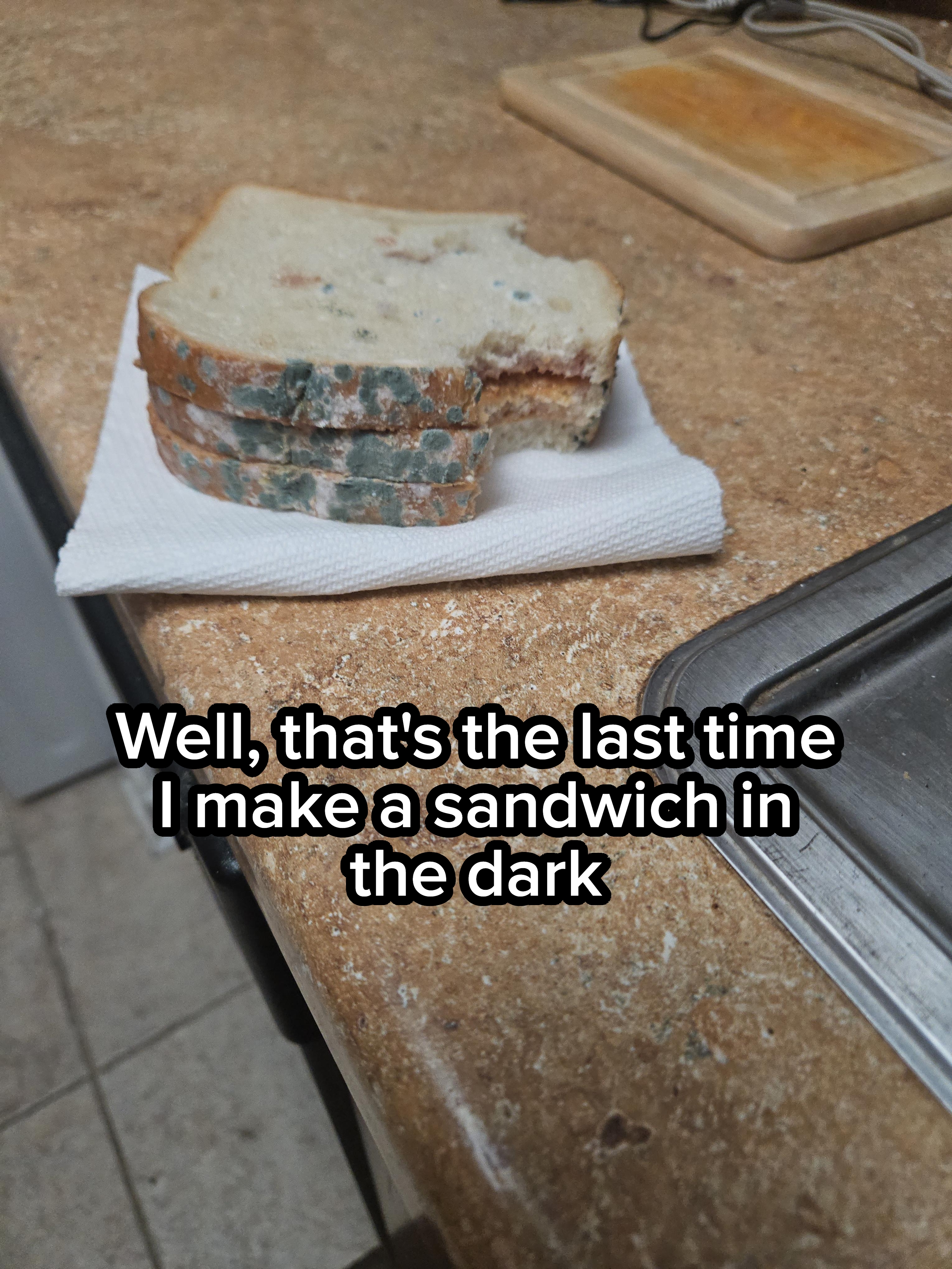 Two slices of moldy bread with a bite taken sit on a countertop beside a sink